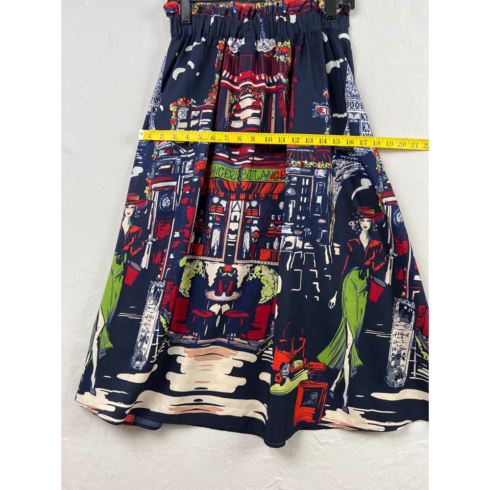 Her Destiny Midi Skirt Women Size Medium Navy Blue Paris Cityscape A-Line Pocket - Picture 8 of 10